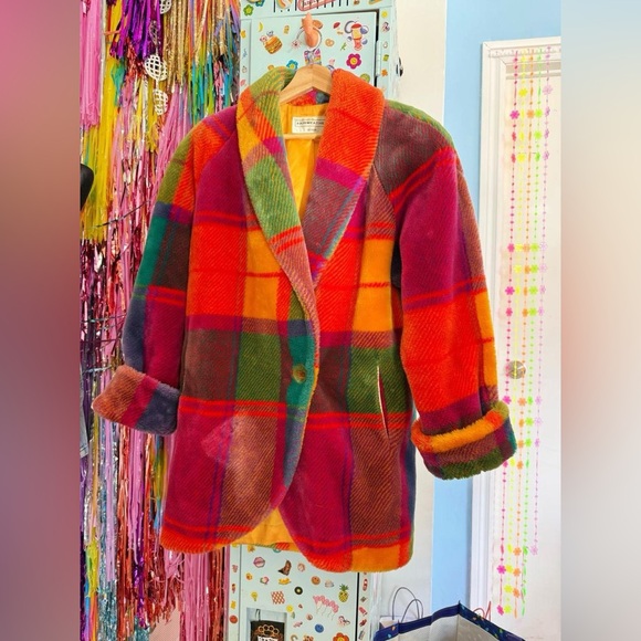 Fairweather Jackets & Blazers - Vintage 80s 90s Bright rainbow plaid faux fur jacket